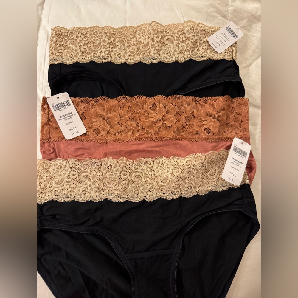 Elegant Hipster Lace Trim Panty Set - 2 Black w/tan lace trim, 1 orange pair NEW